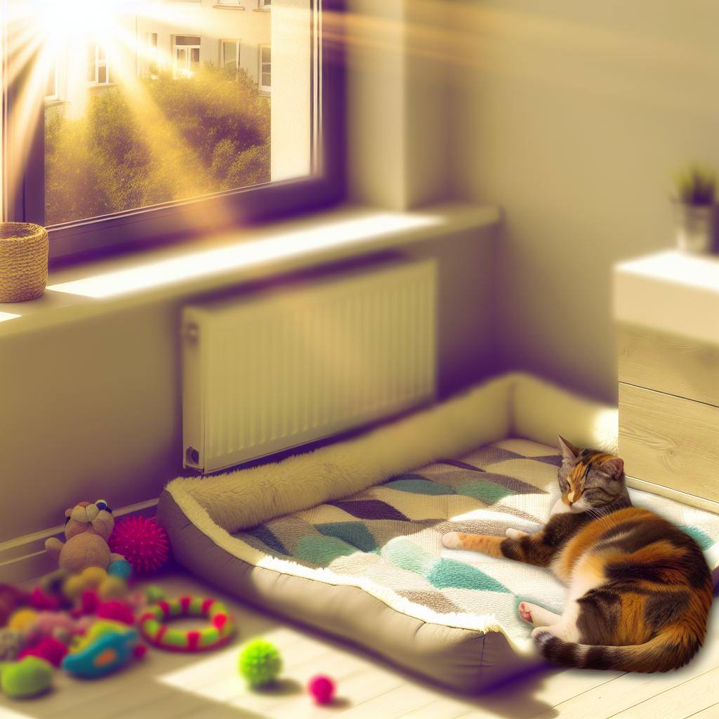 An image of a cozy home with a cat lounging on a sunlit window sill, surrounded by toys and a comfortable bed.